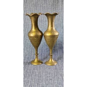 Two Vintage Brass Vases with etched floral and foliage patterns